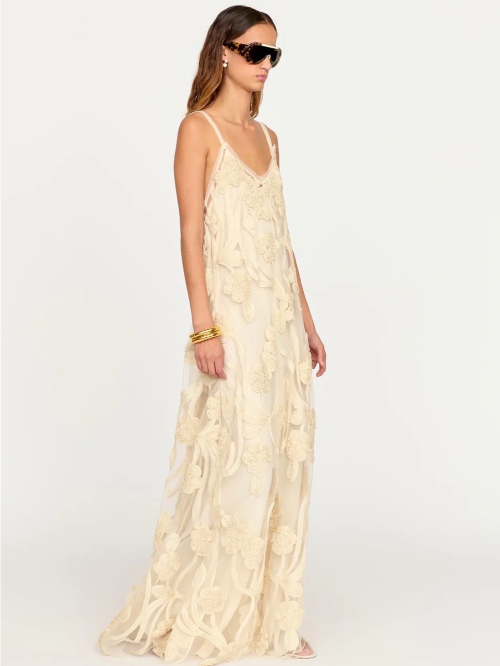 [sold out] Eliou Paula Dress - Cream Floral Appliqué Maxi Slip Dress with V-Neck - Picture 2 of 9